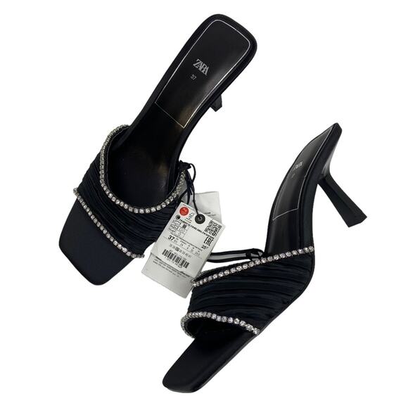 New Zara Crystal Trim Open Square Toe Black Satin Mule Slide Sandals Size 6.5 - Picture 6 of 15